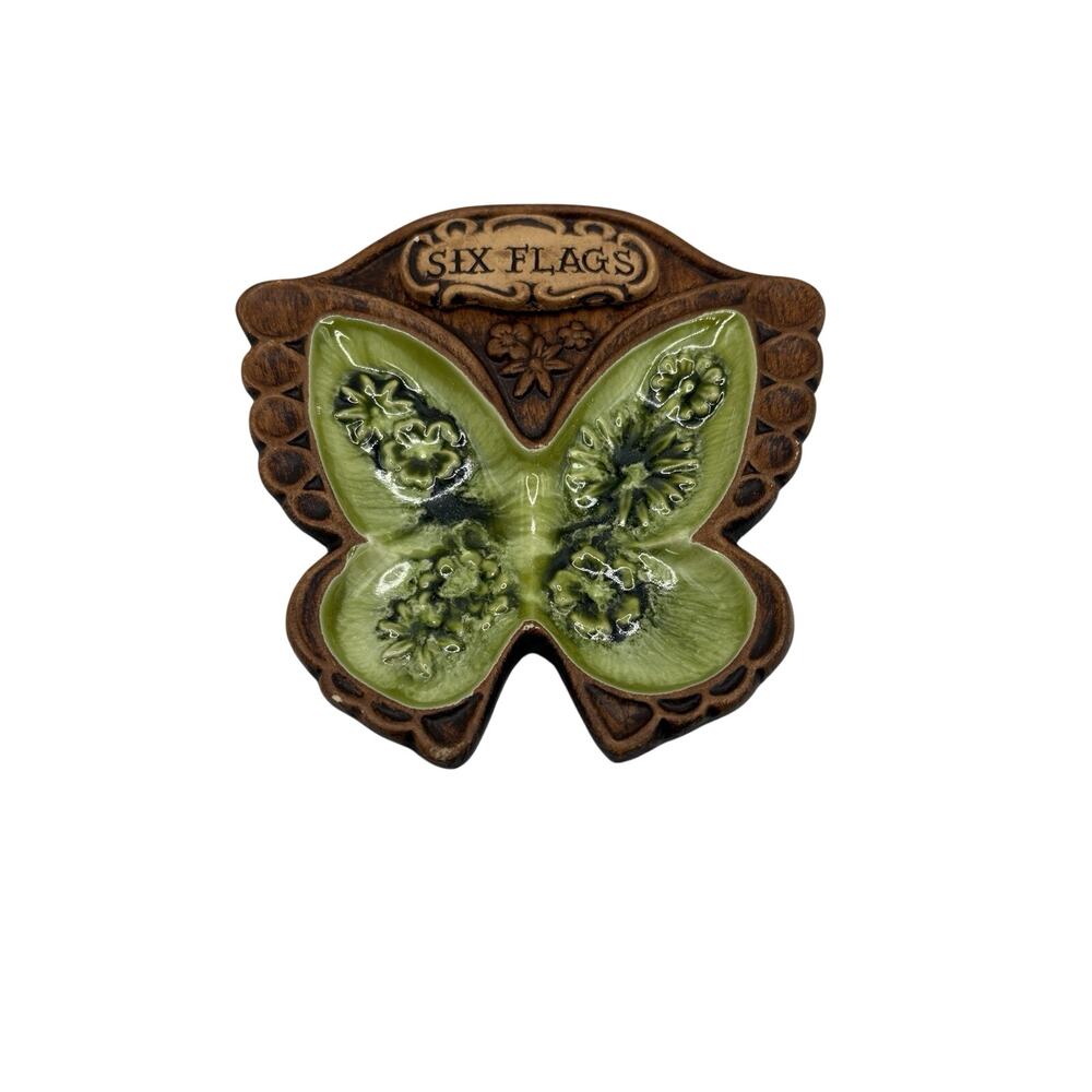 Vintage Treasure Craft Six Flags Texas Trinket Tray USA Green Butterfly Pottery